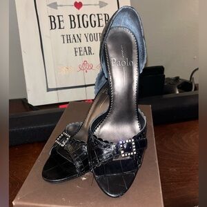 Linea Paolo Anabela Real Leather Black Open Toe Kitten Heel Crocodile sz 6 EUC